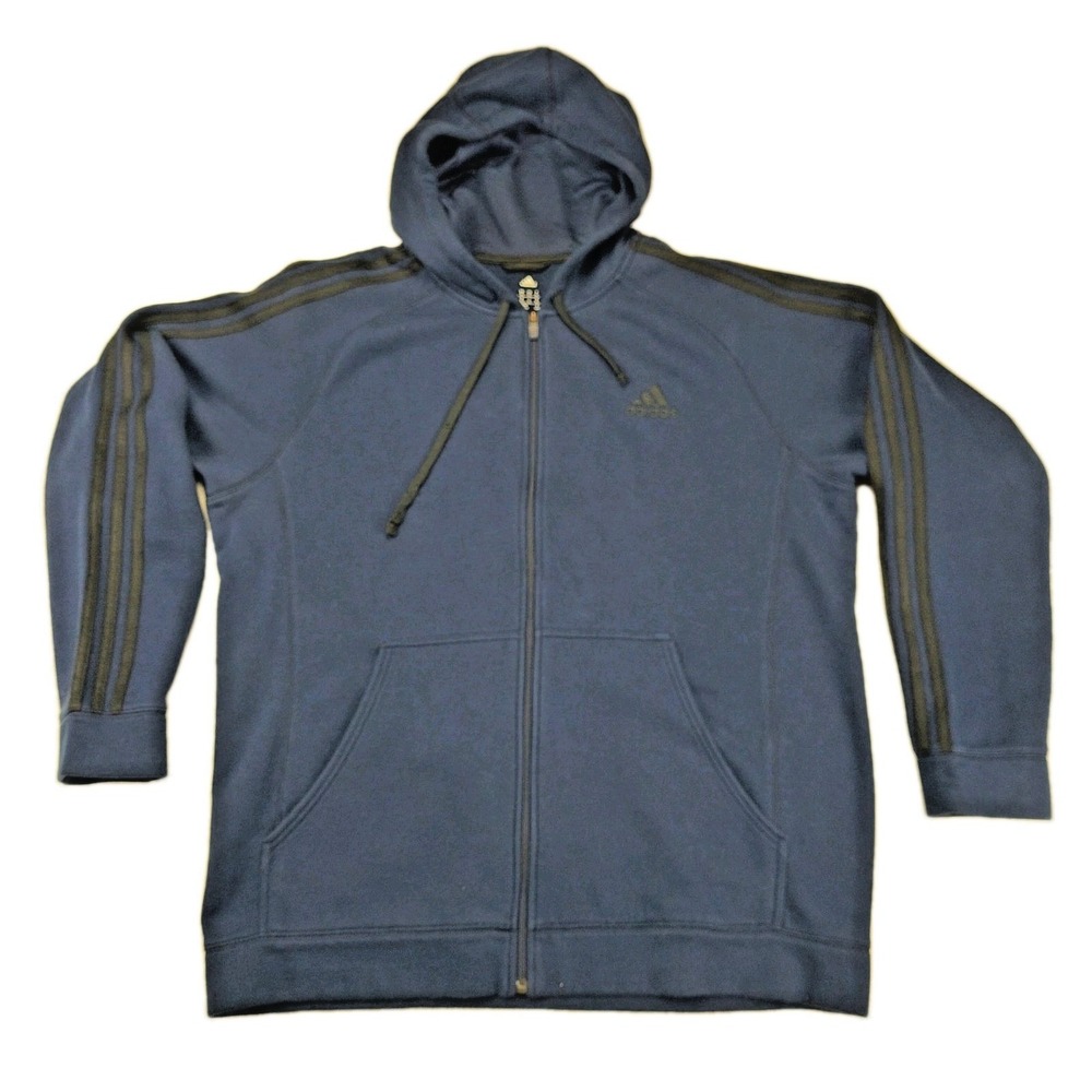Adidas Mens XL Full Zip Hoodie Navy Blue 3-Stripe Fleece‎ Hooded Sweatshirt